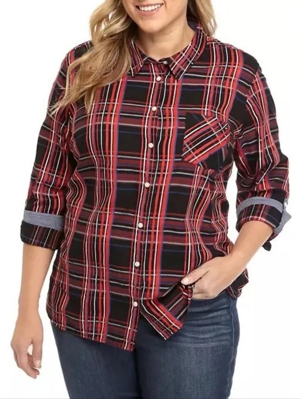 Tommy Hilfiger Red & Black Plaid Long Roll Tab Sleeve Button Down Shirt Medium